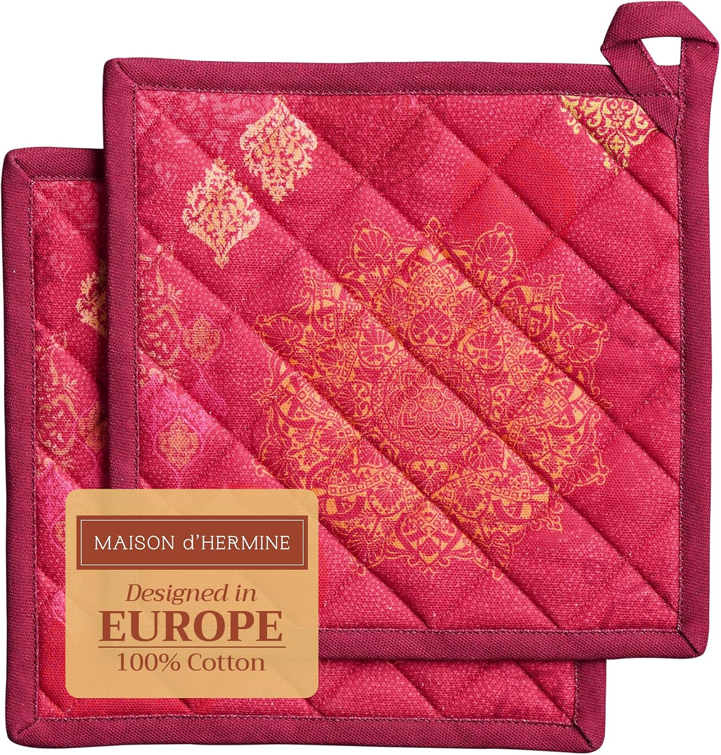 Maison d' Hermine Pot Holders Set 100% Cotton Heat Resistant Potholders 8" x 8" Hot Pads with Loop BBQ, Cooking, Baking, Grilling, Kitchen, Handling Hot Pans (Pack of 2, Versailles)