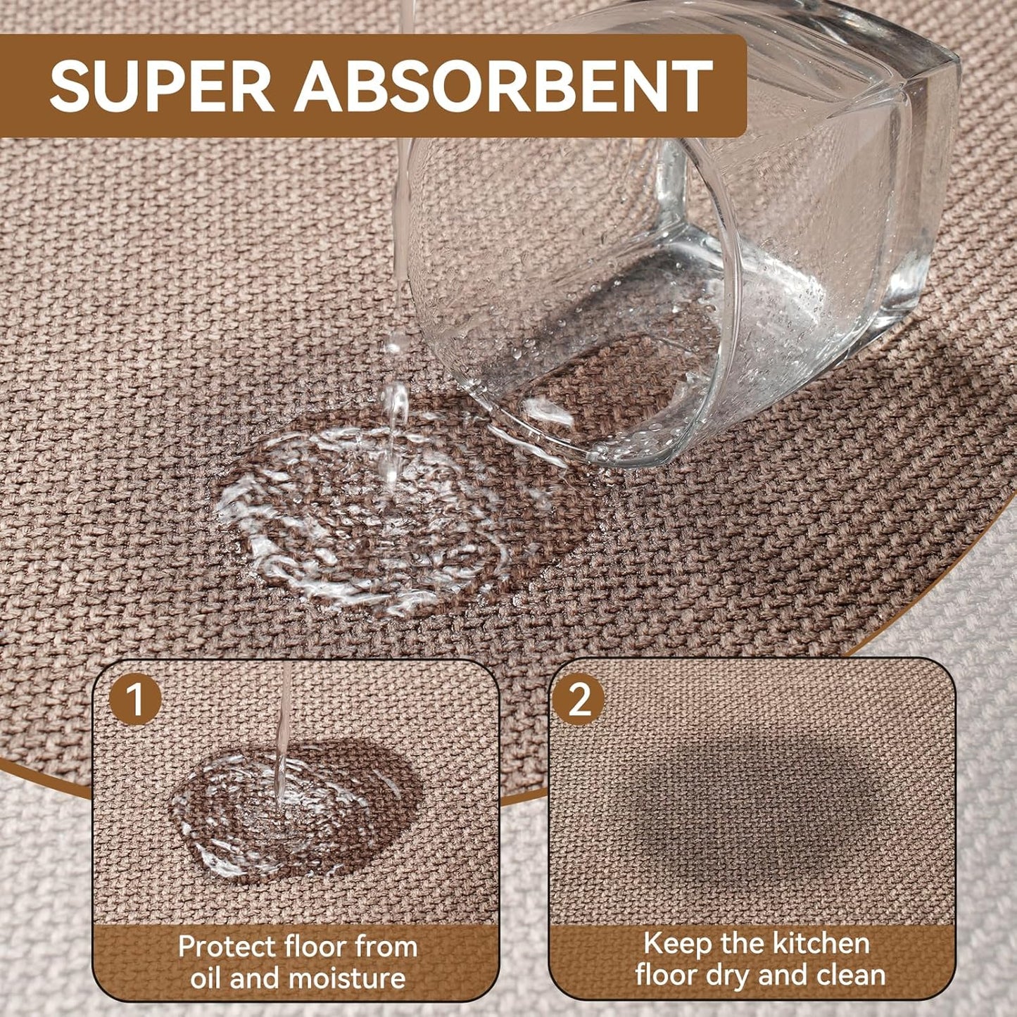 Kitchen Mats for Floor, Super Absorbent Kitchen Rugs Non Slip Washable, Linen-Look Woven Kitchen Runner Rug Sink Mat Standing Mat, Easy Care, Brown 17"x30"