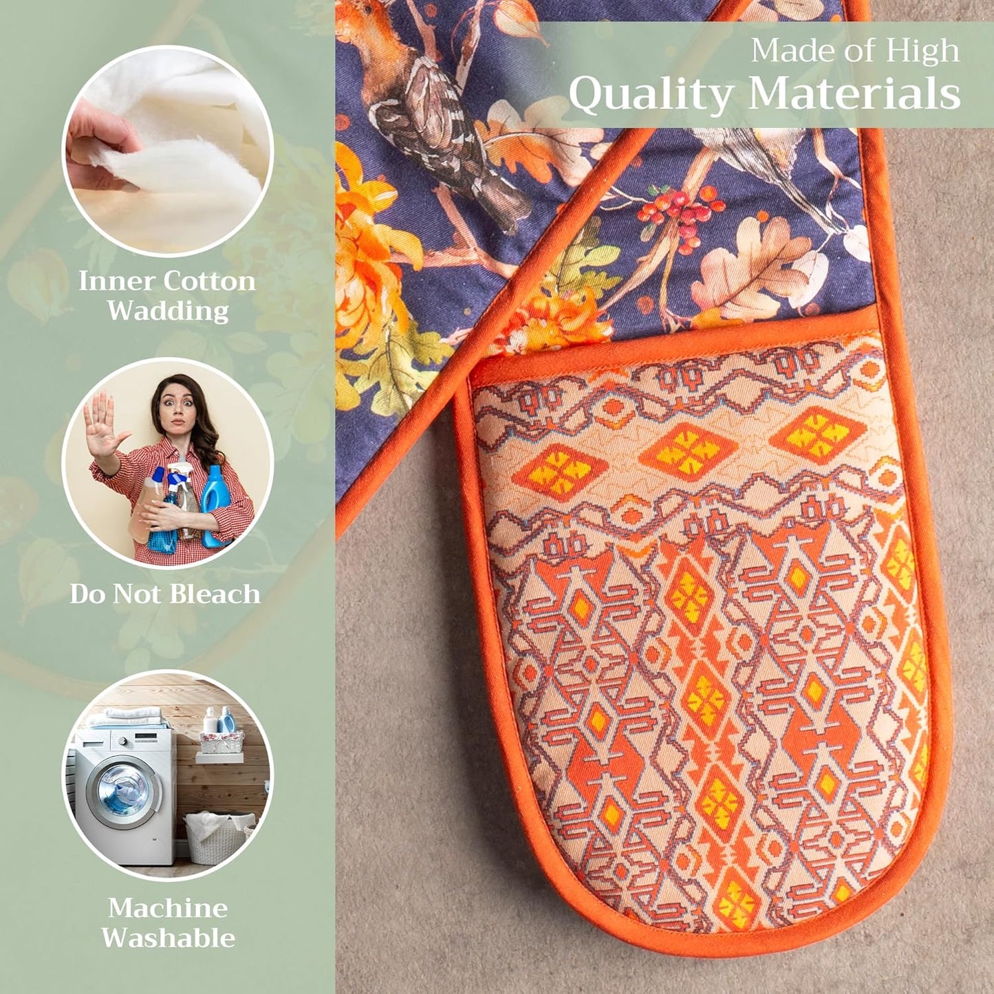 Maison d' Hermine Double Oven Mitt 100% Cotton Heat Resistant Cooking Gloves with Loop, Baking Barbeque, Handling Hot Pan, Kelim - Infinity - Thanksgiving/Christmas (7 Inch x 35 Inch)