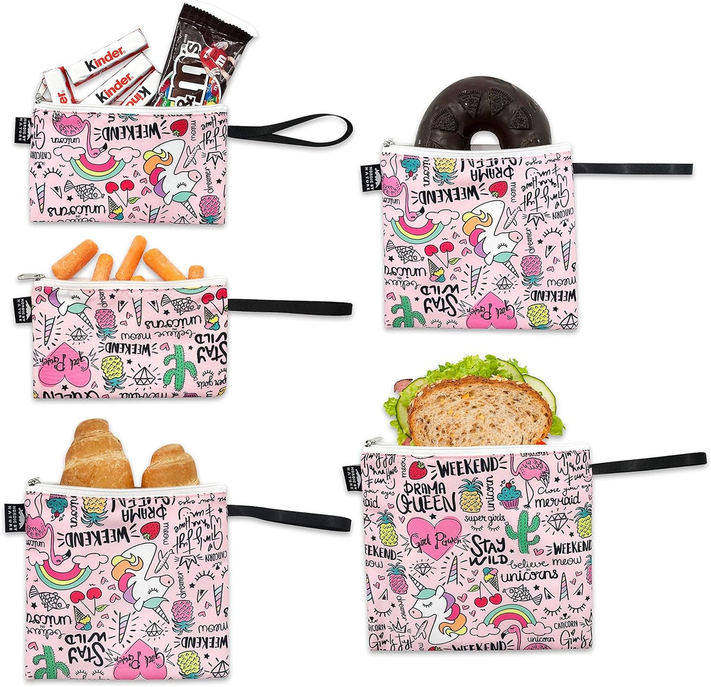 Nordic By Nature-Dual Layer Reusable Sandwich & Snack Bags – BPA-Free, Easy Clean, School Lunch Bags for Kids & Adults (Unicorns & Rainbows)