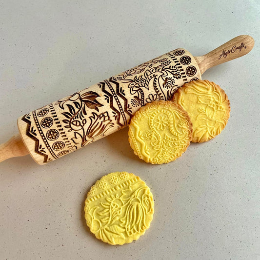 ECHO Embossing Rolling Pin with Ornamental Bloom Pattern – Dough and Clay Roller for Embossed Cookies and Pottery - Cookie and Ceramic Stamp - Baking Gifts for Women by Algis Crafts