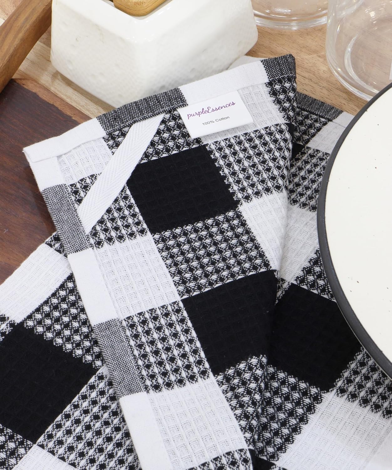 PurpleEssences 100% Cotton Waffle Weave Check Plaid Kitchen Towels, Super Soft and Absorbent Dish Towels for Drying Dishes 15 x 25-6 Pack - Spring Summer - Black and White