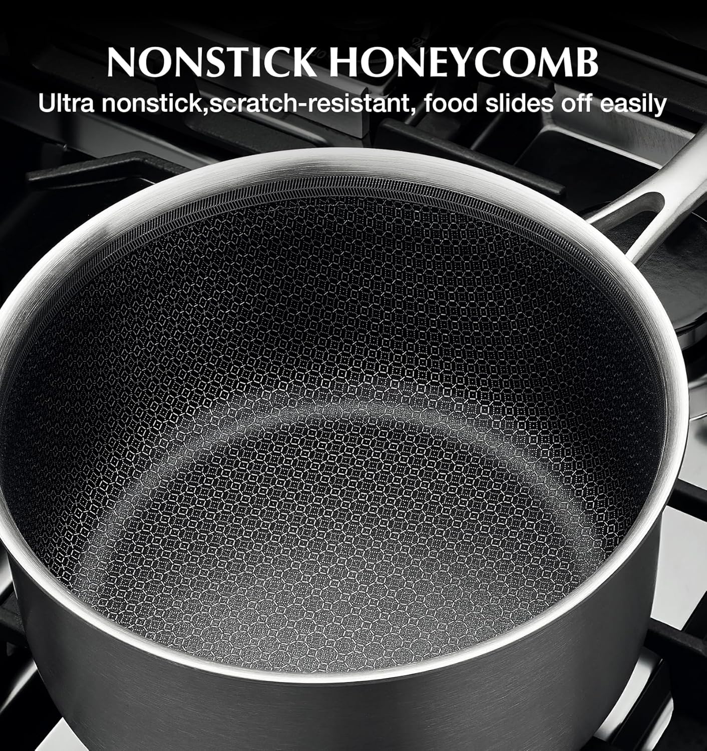 KOCH SYSTEME CS Hybrid Nonstick Stainless Steel Saucepan Set, 1QT & 2QT Triply Stainless Steel Saucepan Set with Hybrid Nonstick Honeycomb Interior, 4-Piece Sauce Pans, Induction Steel Pot Set