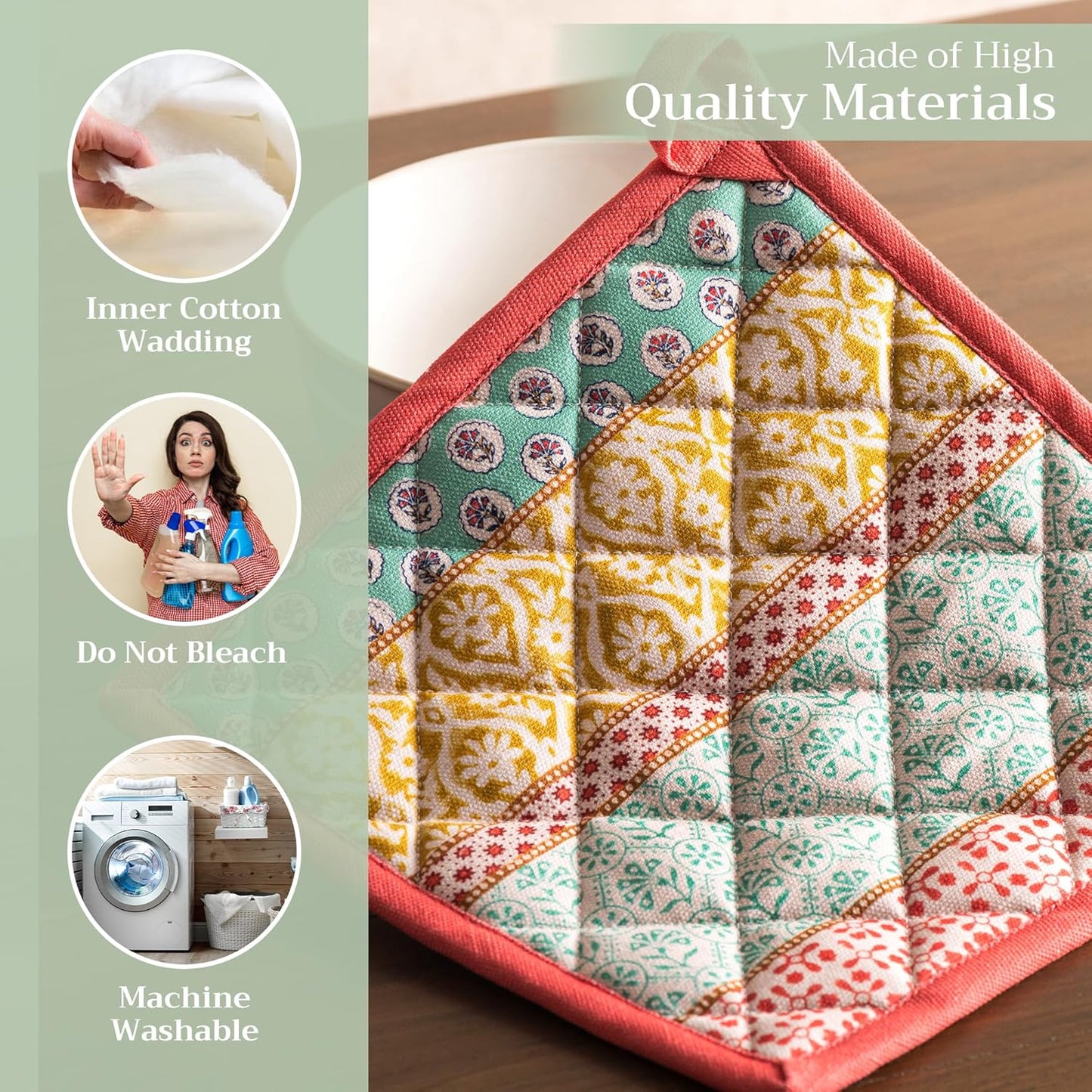 Maison d' Hermine Pot Holders Set 100% Cotton Heat Resistant Potholders 8" x 8" Hot Pads with Loop BBQ, Cooking, Baking, Grilling, Kitchen, Handling Hot Pans Spring/Summer (Pack of 2, Provence)