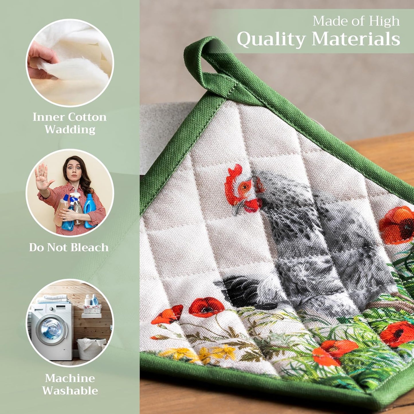 Maison d' Hermine Pot Holders Set 100% Cotton Heat Resistant Potholders 8" x 8" Hot Pads with Loop BBQ, Cooking, Baking, Grilling, Kitchen, Handling Hot Pans Spring/Summer (Pack of 2, Basse Cour)