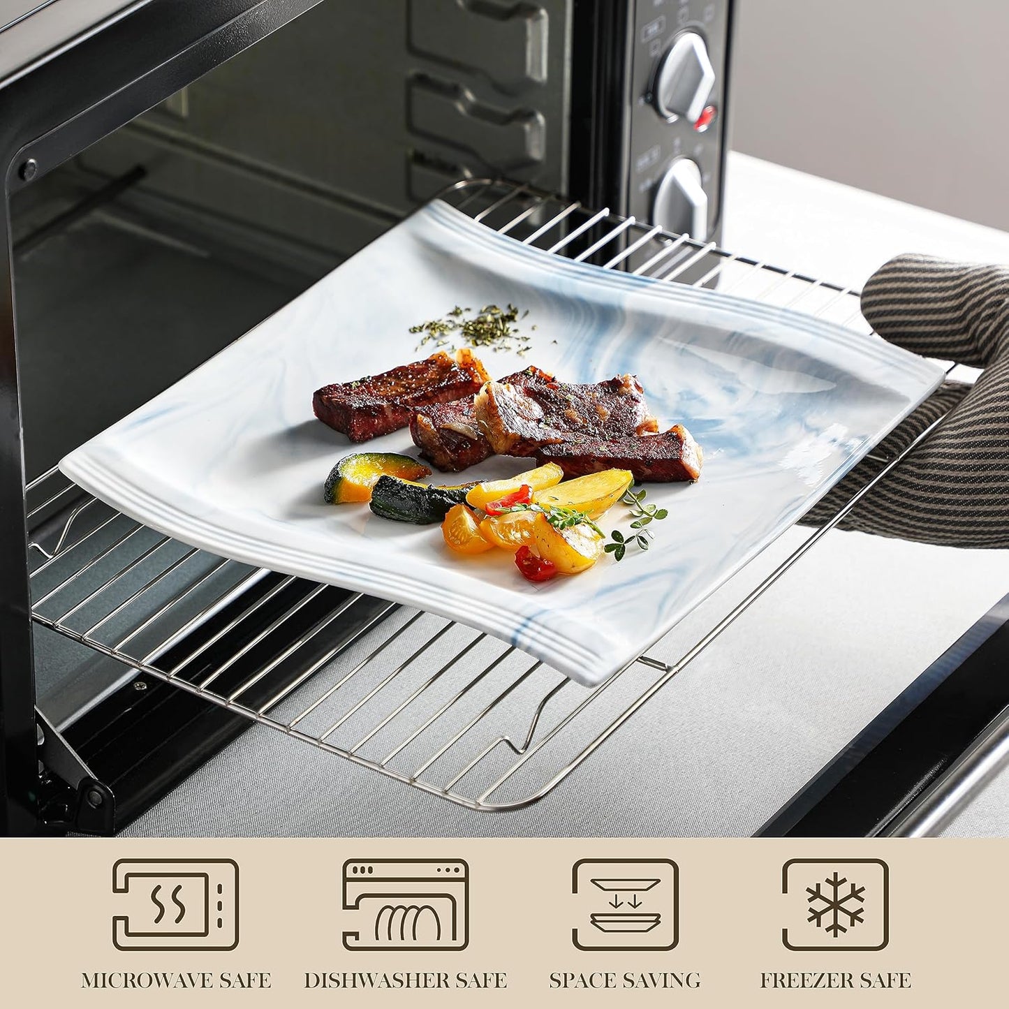 MALACASA Dinnerware Sets for 6, 30 Piece Porcelain Plates and Bowls Sets, Square Dish Set with Dinner Plate and Bowl, Cup and Saucer, Blue Dishes Dinnerware Set, Modern Dishware Sets, Series Flora