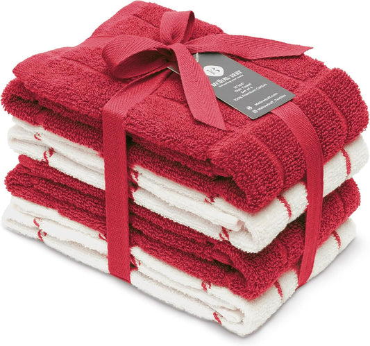 100% Cotton Terry Dish Cloth & Dish Towel (RED, Dish Towel - 4 Pack)
