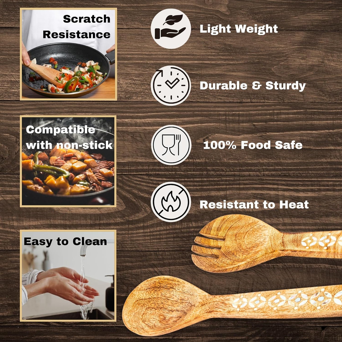 Salad Spoon Set 13 inches Tongs Serving Utensils Set,Acacia Salad Spoon and Fork Set Long Handle Salad Server Set Wood Serving Utensils