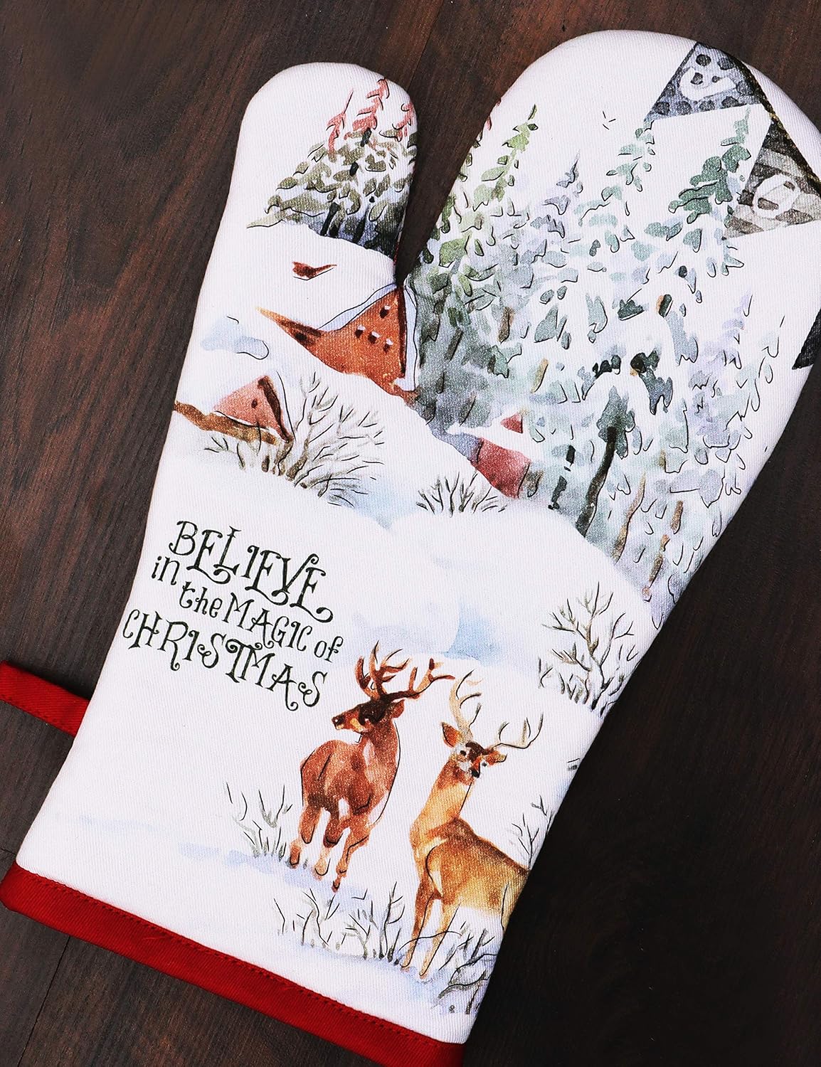 AMOUR INFINI Oven Mitts Set of 1 Quilted Liner with Hanging Loop Non Slip, Heat Resistant, Washable Reusable Oven Mitt Gifts (Christmas Winter 7x13 Inches)