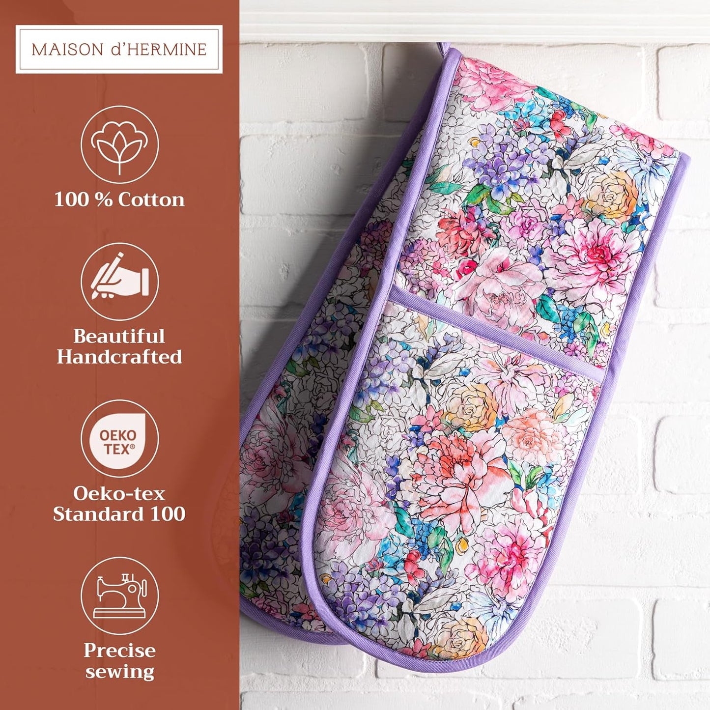 Maison d' Hermine Double Oven Mitts 100% Cotton 7"x35" Double Oven Mitt Heat Resistant BBQ Cooking Gloves with Loop, Baking, Grilling, Home, Kitchen, Handling Hot Pans Spring Summer (Floral Love)