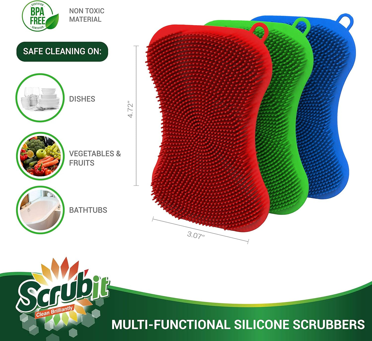 Silicone Scrubbing Pad Sponges by SCRUBIT - Real Silicon Non Scratch Kitchen Scrubber - Non Smell Cleaning Sponges for Kitchen Dishes - Reusable Soft Dish Sponge - Blue Red Green Pads (3 Pack)