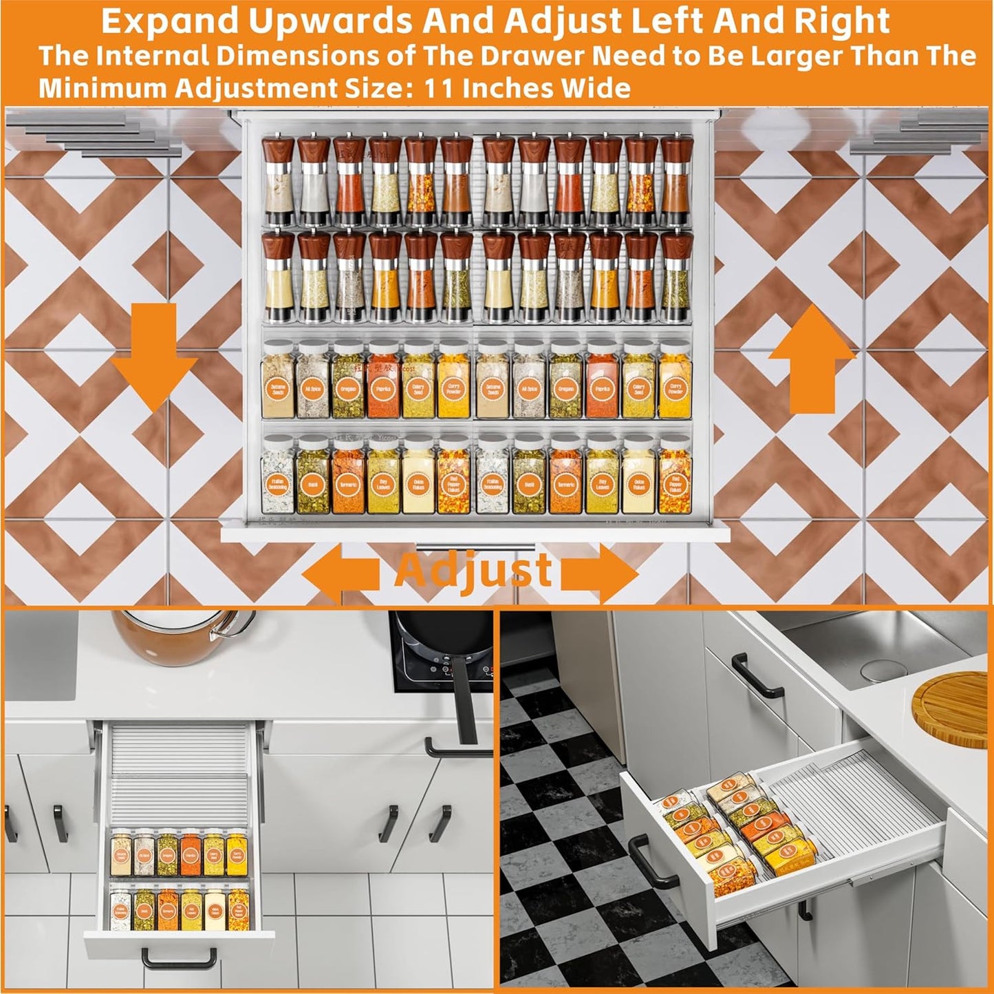 Yieach 8 Pack Adjustable In Drawer Spice Organizer - Expandable From 11'' to 22'' - Acrylic Drawer Seasoning Organizer,Clear Spice Organization Tray for Cabinet Drawers Condiment,Nail Polish and Jar