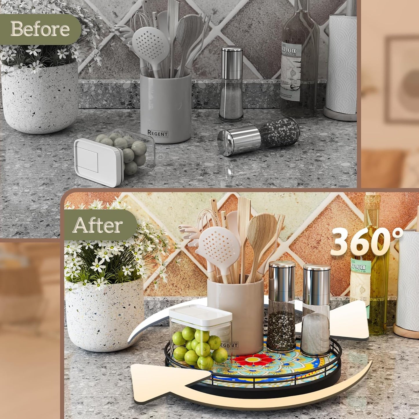 Decorative 3D Art Ceramic Lazy Susan for Table Top, 10.2" Boho Oak Wooden Lazy Susan Turntable Organizer for Dining Table Centerpiece Kitchen Countertop Coffee Table Decor Porcelain Tray Home Crafts