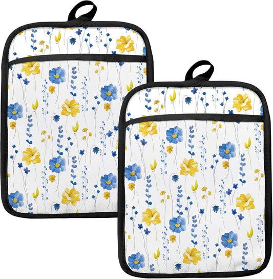Blue and Yellow Floral Oven Mitts Set, Blue Flower Floral Heat Resistant Kitchen Oven Gloves for Baking and Cooking,Pot Holders