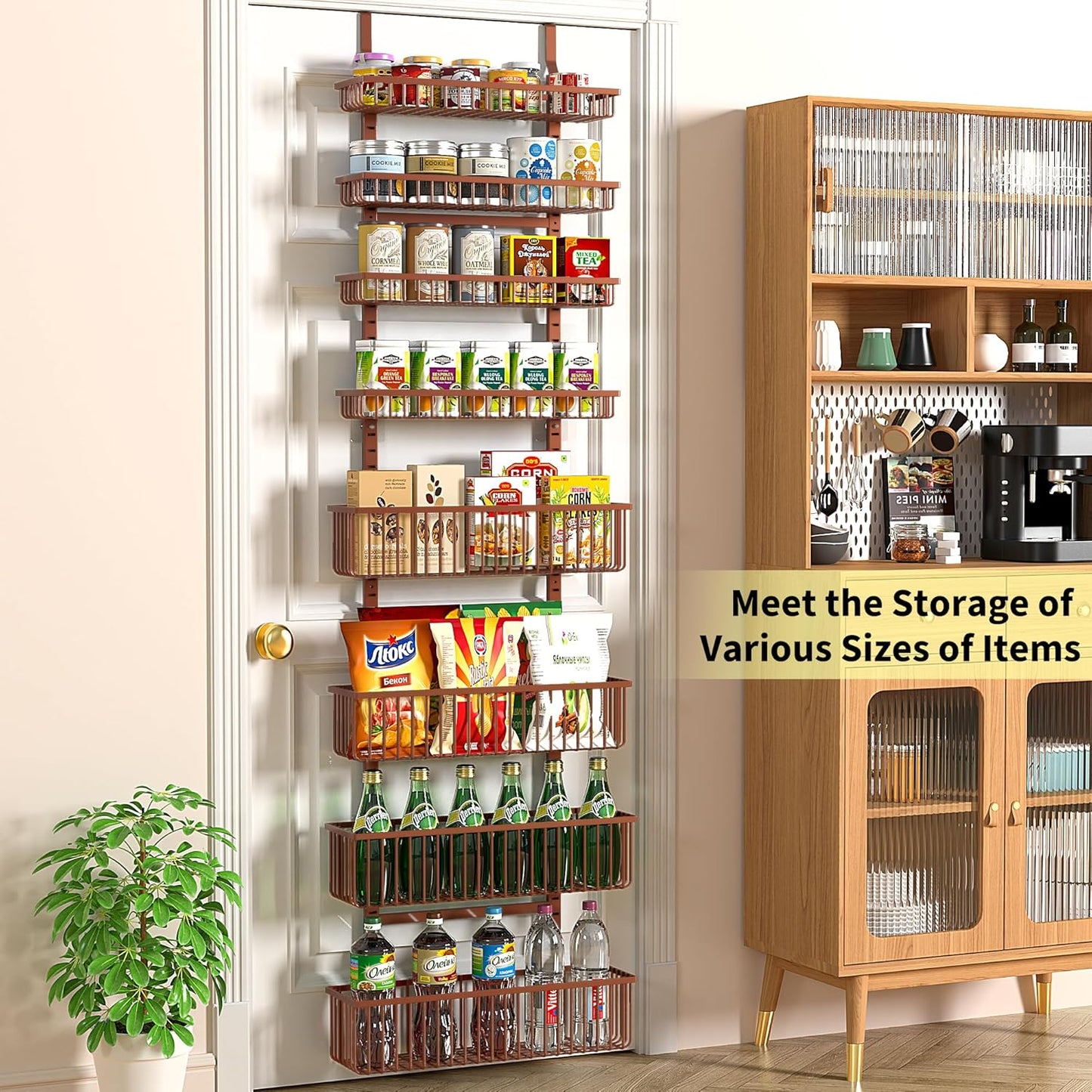 Moforoco Over The Door Pantry Organizer, Pantry Door Organizer Shelves, Kitchen Organizers and Storage, Hanging Basket Wall Spice Rack Seasoning Shelves, Laundry Room Bathroom accessories（Brown ）