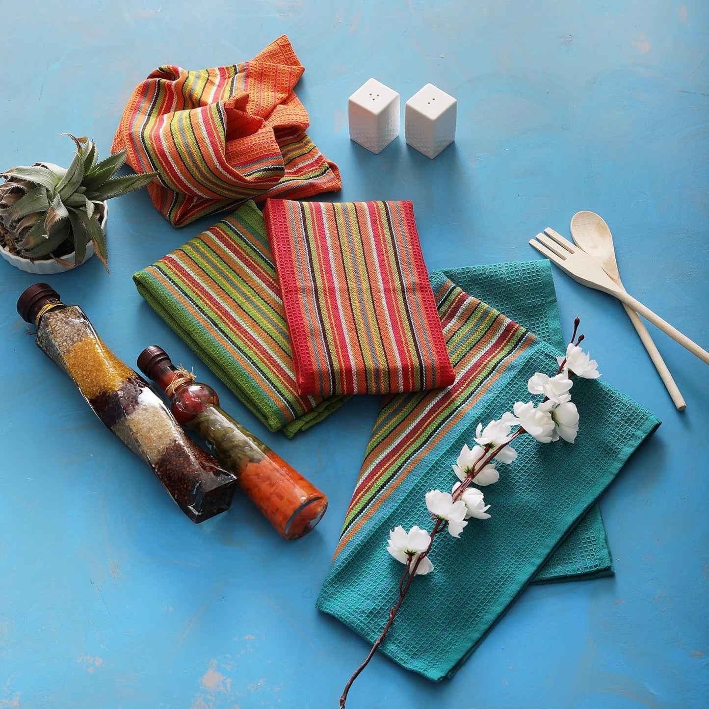 DG Collections Salsa Stripe Kitchen Dish Towels, 100% Cotton, Highly Absorbent, Multi Purpose Waffle Tea Towels for Cooking, Drying & Cleaning, 16x28 Inches, Pack of 12