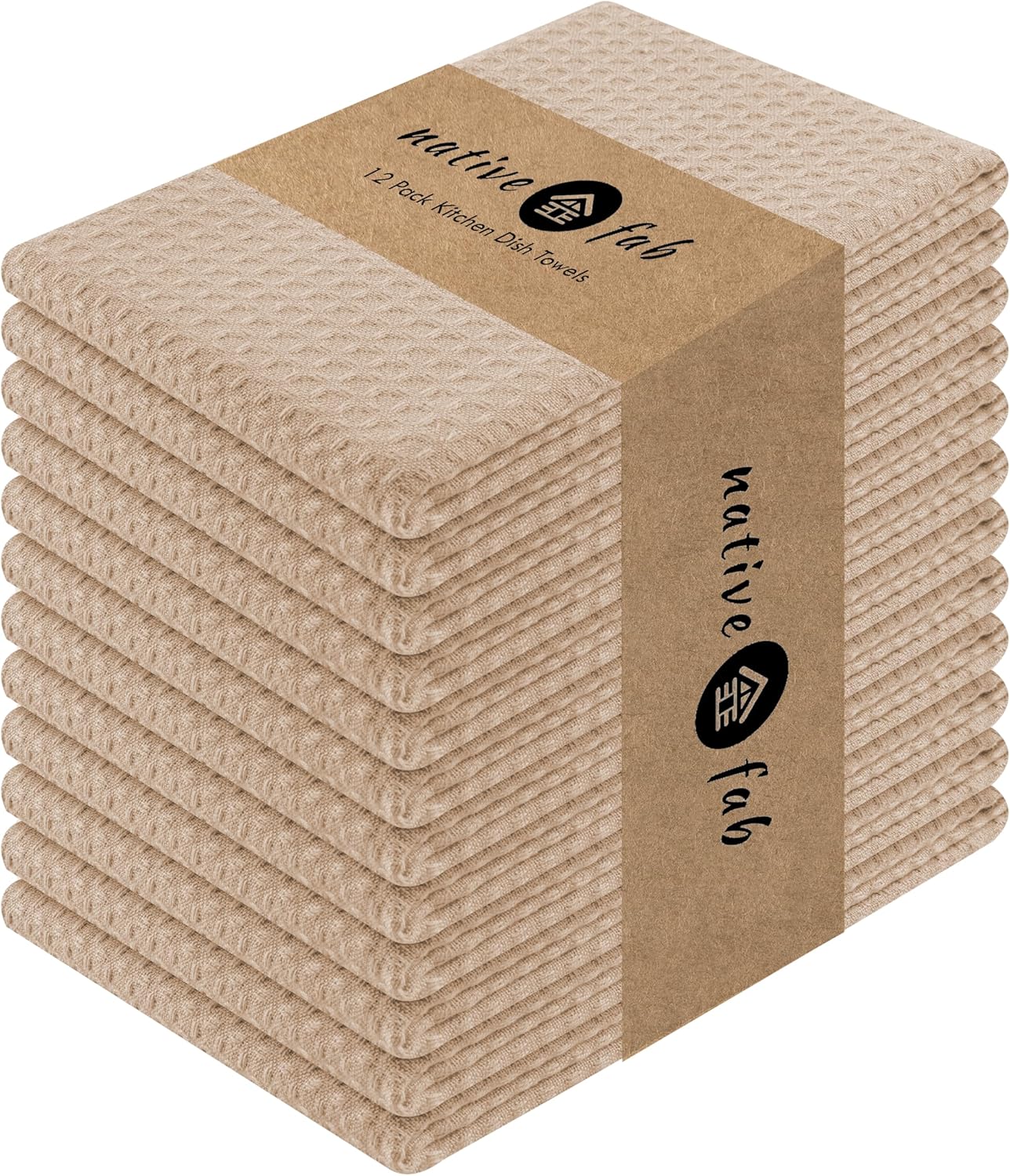 Native Fab Cotton Kitchen Towel with Hanging Loop 16x26 inches, 12-Pack, Waffle Weave Kitchen Towels for Cleaning Drying, Washcloths Soft & Absorbent Cloth Rags, Bar Towel, Dish Cloth, Beige