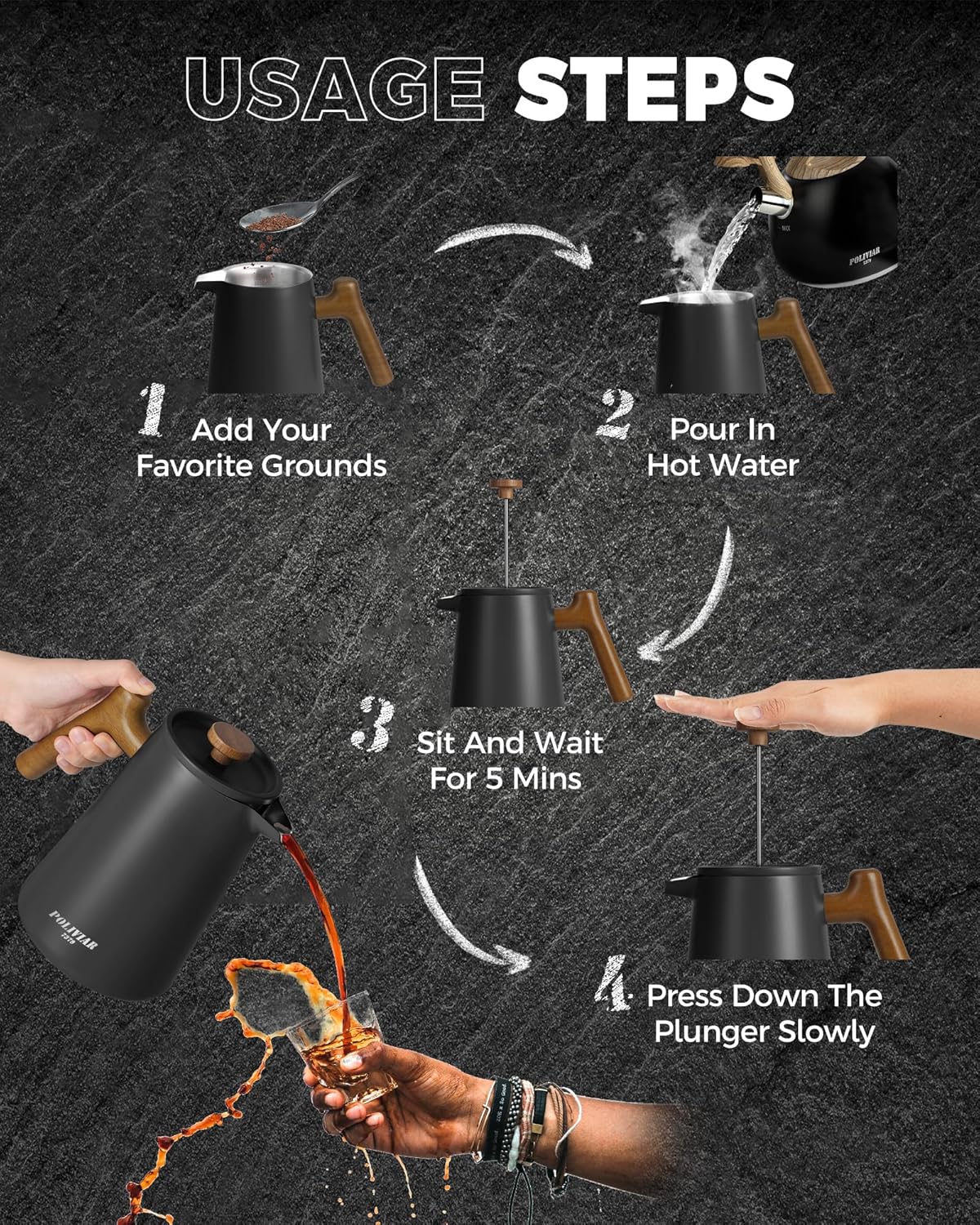 POLIVIAR French Press Coffee Maker, 34 oz Coffee Press with Real Wood Handle, Double Wall Insulation & Dual-Filter Screen, Food Grade Stainless Steel for Good Coffe and Tea, JX2025-XFPB