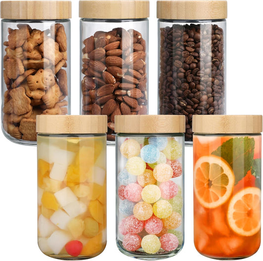 OcePor 6 Pack 24oz Glass Jars with Bamboo Lids, Over Night Oats Container with Airtight Lid, Glass Snack Storage Salad Jars For Food, Yogurt, Sugar and Flour,Coffee Bean, Cookie, Cereal