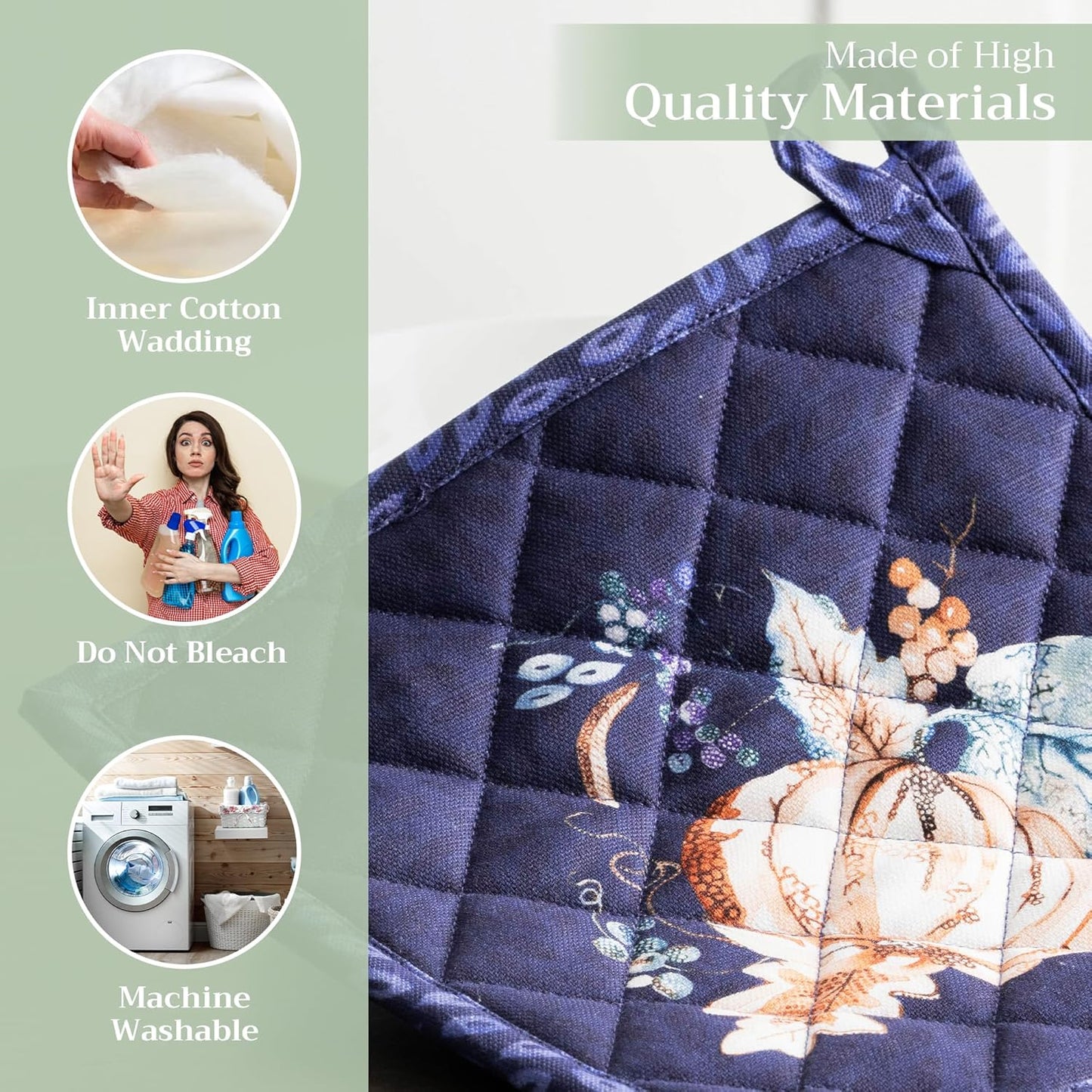 Maison d' Hermine Pot Holders 100% Cotton Heat Resistant Potholders 8" x 8" Hot Pads with Loop BBQ, Cooking, Baking, Grilling, Kitchen, Handling Hot Pans (Pack of 1, Pumpkin Blues)