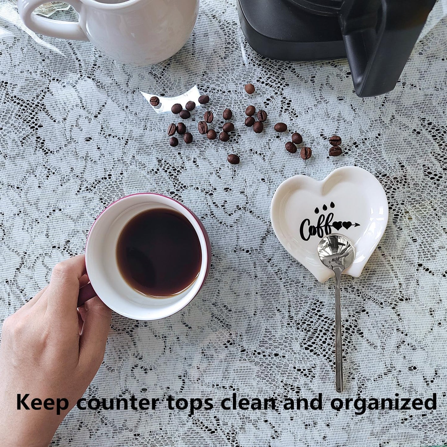 Heart-shaped Coffee Spoon Rest, Mini Coffee Spoon Holder, Small Ceramic Spoon Rest for Coffee Stirrers, Teaspoon, Bar Spoon, Coffee Bar Accessories, Coffee Station (White+Sliver spoon)