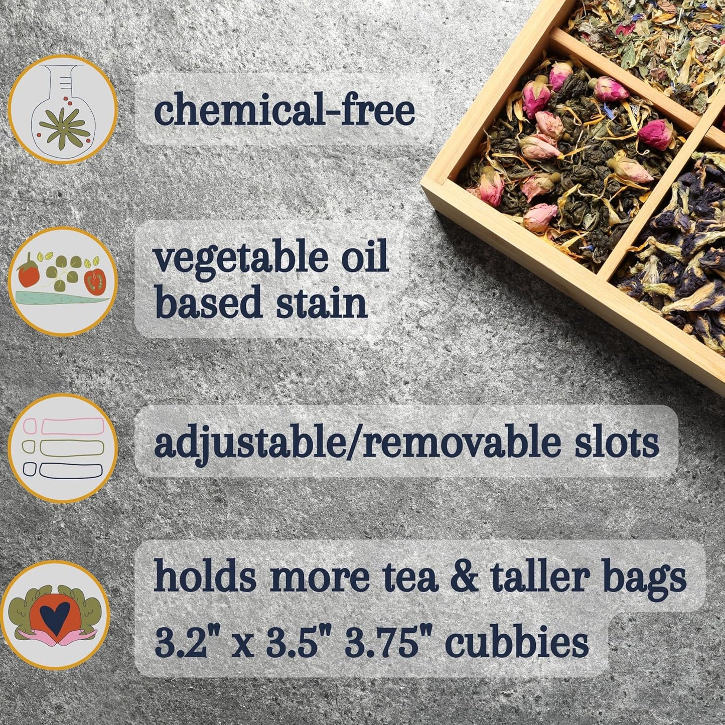 Bamboo Tea Organizer Box Chemical Free Eco-Friendly Big, Tall, Adjustable Cubbies Natural Wooden Storage Chest (6-Slot 11" x 8.1" x 4.2" with Tea Leaf design)