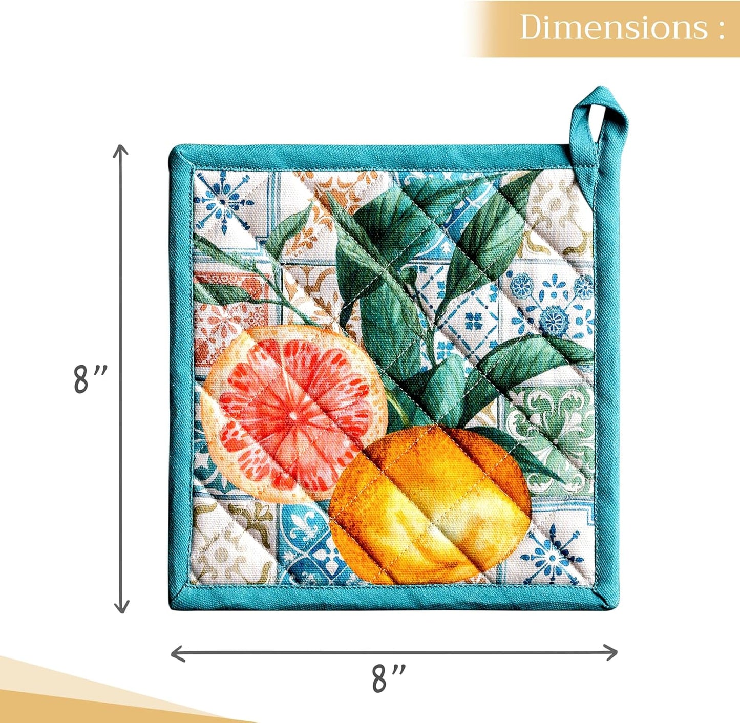 Maison d' Hermine Pot Holders Set 100% Cotton Heat Resistant Potholders 8" x 8" Hot Pads with Loop BBQ, Cooking, Baking, Grilling, Kitchen, Handling Hot Pans Spring/Summer (Pack of 2, Agrume)