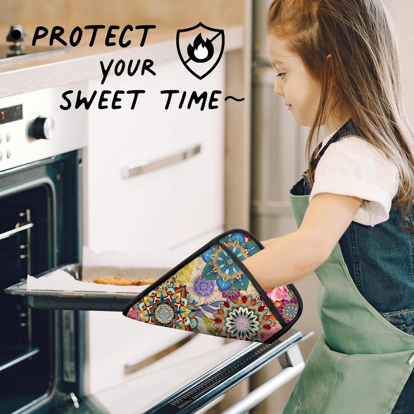 Boho Floral Oven Mitts Set, Vintage Luxury Colorful Flower Floral Heat Resistant Kitchen Oven Gloves for Baking and Cooking,Pot Holders