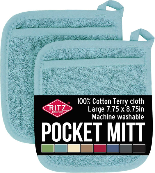 RITZ Terry Pocket Mitt & Hot Pad: Unparalleled Heat Resistant, Durable 100% Cotton – Ergonomically Designed for Optimal Grip – Easy-Care Machine Washable – 2-Pack, Dew