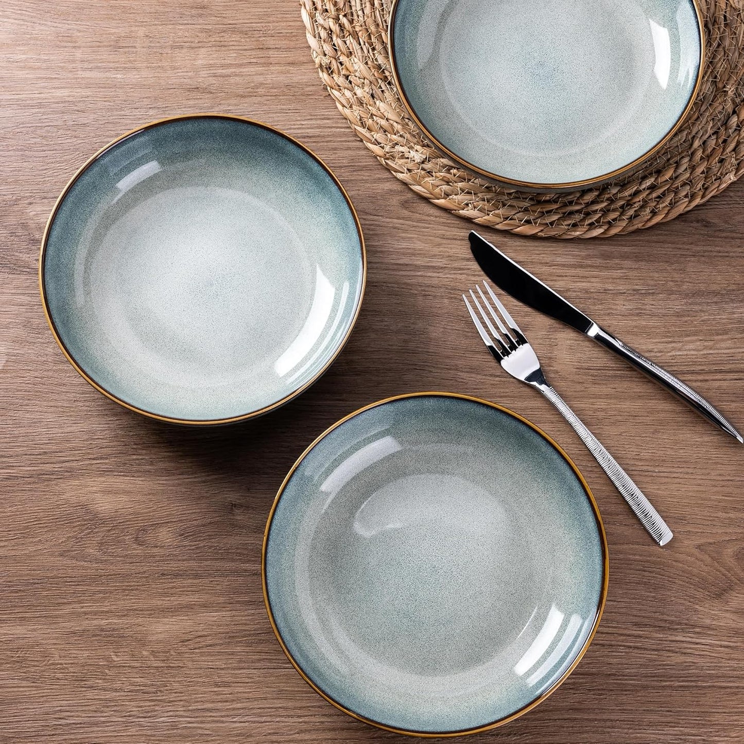 AmorArc 8.5'' Large Ceramic Pasta Bowls, 36oz Stoneware Pasta Serving Bowls Set of 4 for Kitchen, Wide Bowls for Pasta,Salad,Oatmeal, Microwave Safe, Reactive Glaze-Ocean