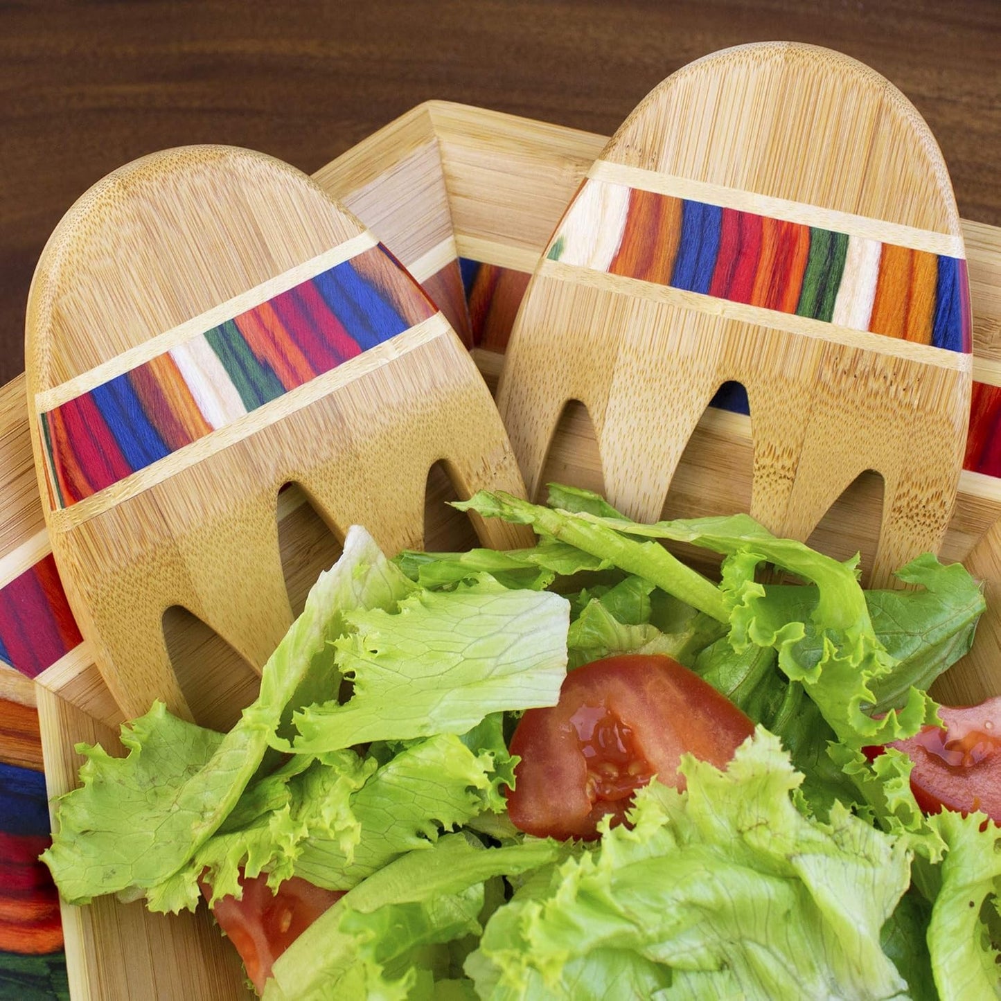 Totally Bamboo Baltique Marrakesh Collection Salad Hands Serving Utensils, Bamboo and Colored Birch Wood