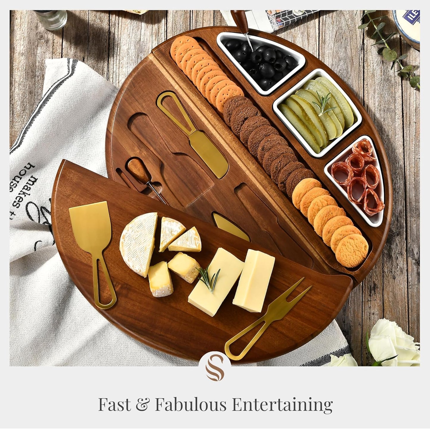 Shanik Premium Acacia Wood Cheese Board - Large Charcuterie Set with Cutting Wood for Serving - Ideal for Christmas, Wedding, Parties - Gift for Housewarming, Birthdays, Anniversaries - With Engraving