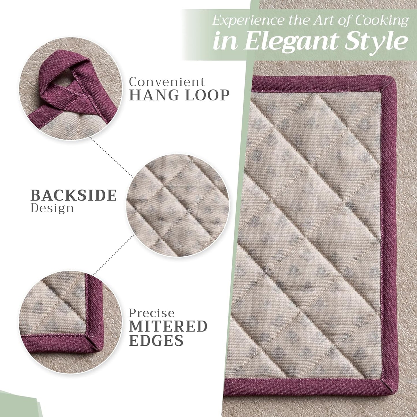 Maison d' Hermine Pot Holders 100% Cotton Heat Resistant Potholders 8" x 8" Hot Pads with Loop BBQ, Cooking, Baking, Grilling, Kitchen, Handling Hot Pans Spring/Summer (Pack of 1, Fanny Lavender)