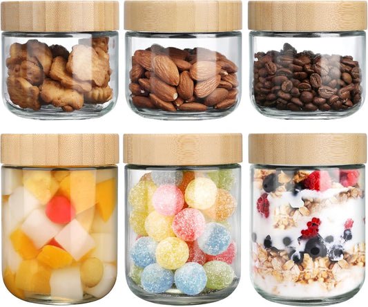 OcePor 6 Pack Glass Jars with Bamboo Lids, Over Night Oats Container with Airtight Lid, Glass Snack Storage Salad Jars For Food, Yogurt, Sugar and Flour,Coffee Bean, Cookie, Cereal