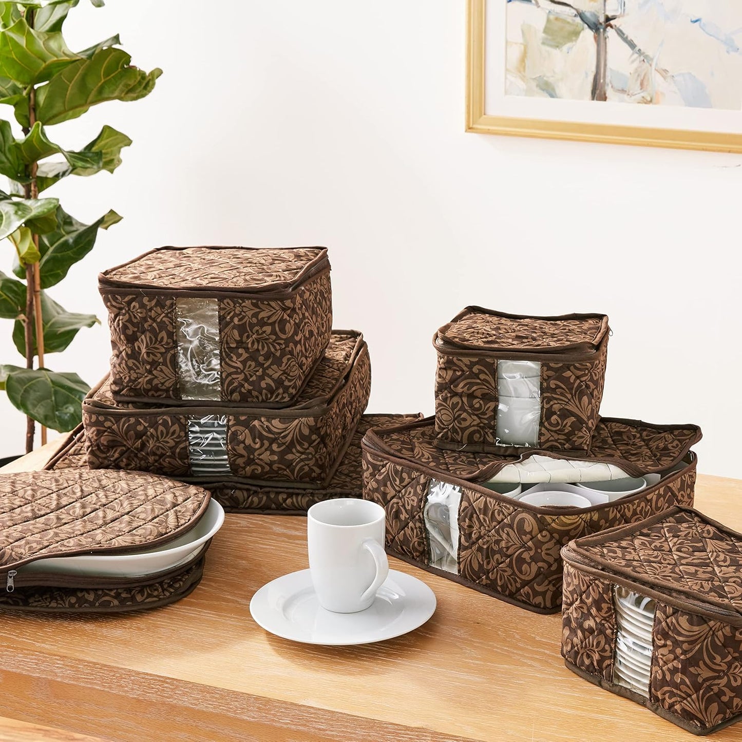 8-Piece Storage Containers Set – China, Brown, Quilted, Stackable Dish & Plate Protectors – Glass & Dinnerware Organizer Lids – Kitchen Storage for Meal, Tupperware, Glass Containers & Food Storage