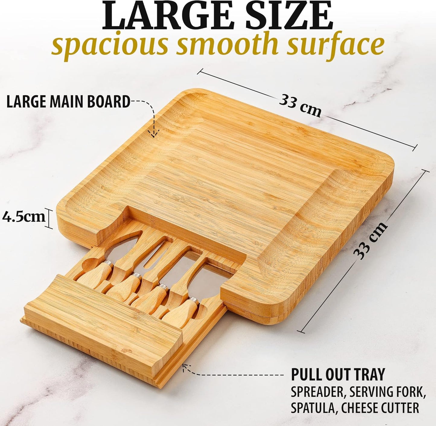 Zulay Kitchen Premium Bamboo Cheese Board Set - Extra Thick Bamboo Charcuterie Board Set with 4 Piece Knife Set - Wooden Cheese Board is Perfect for Charcuterie, Wine and Cheese (Party Set)