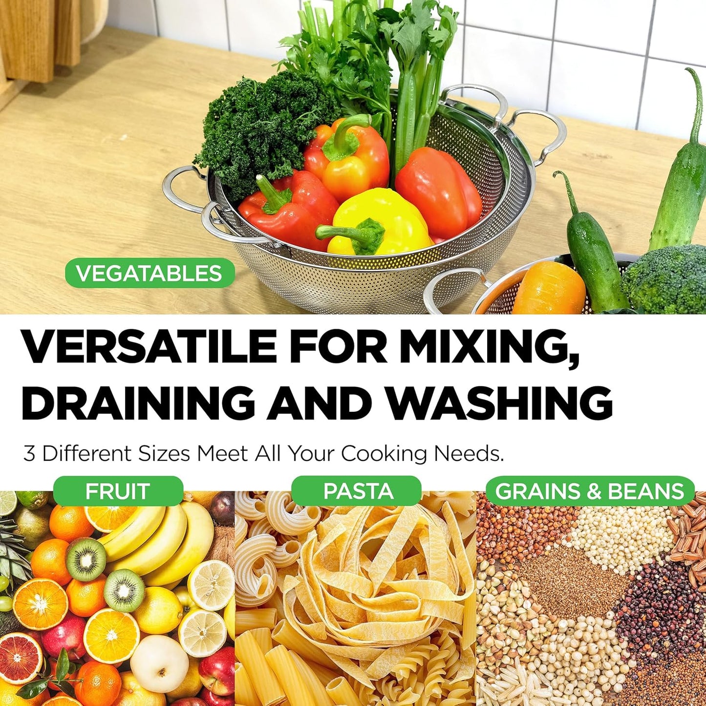 Premium 18/8 304 Stainless Steel Strainer Set of 3 with Handles, Micro-Perforated Colanders, 4-6-8 Quart Set, Self-Draining Solid Base for Pasta, Fruits, Vegetables, Made in Korea