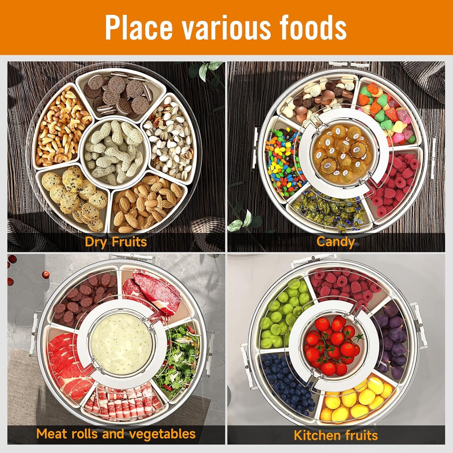 Small Divided Rotating Serving Tray with Lid and Handle,Portable Snackle Box Container,Spinner Organizer and Storage for Adults,Child,Fruits,Candy,Nuts,Veggie,Charcuterie,Snacks,Picnic,Travel, Party