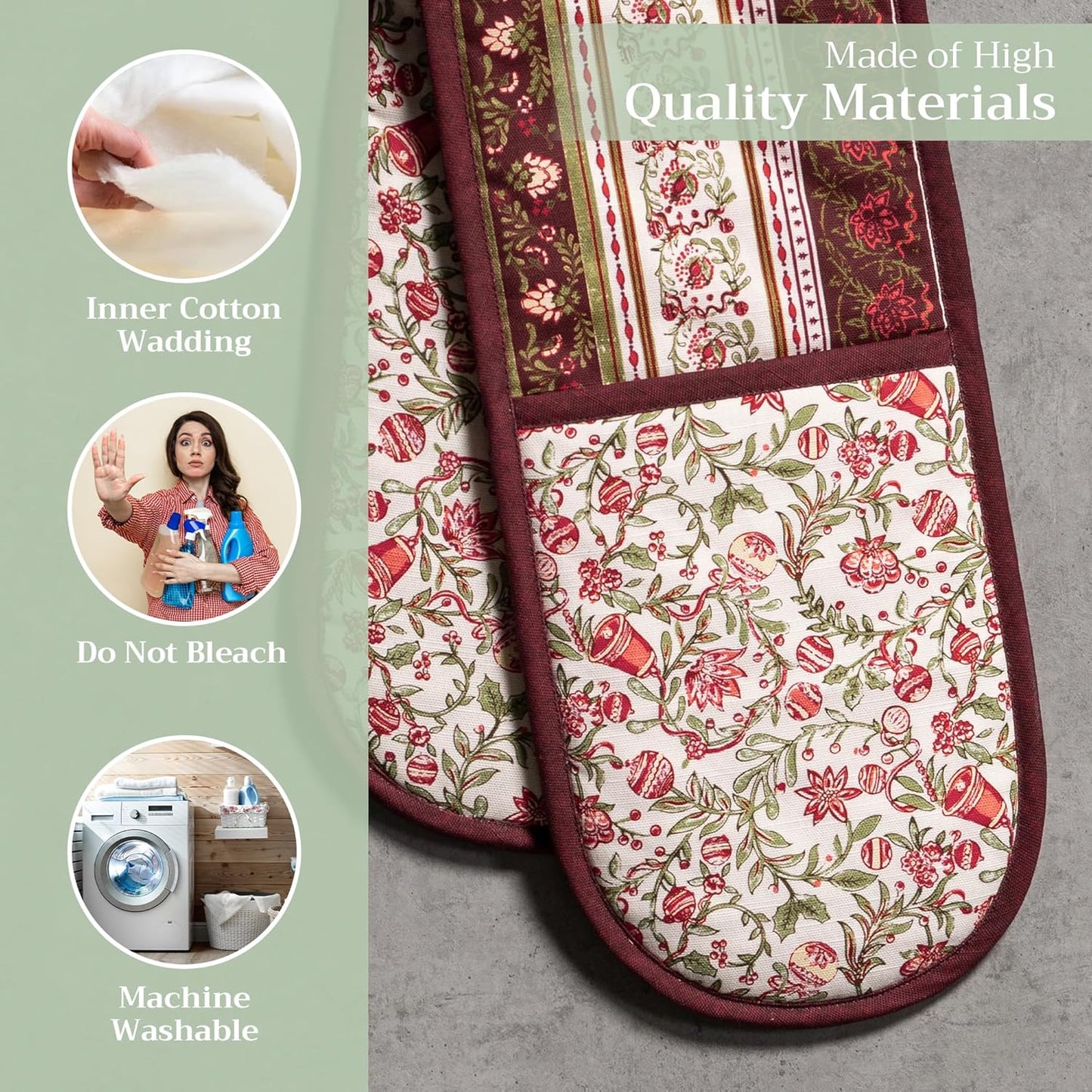 Maison d' Hermine Double Oven Mitts 100% Cotton 7"x35" Double Oven Mitt Heat Resistant BBQ Cooking Gloves with Loop, Baking, Grilling, Home, Kitchen, Handling Hot Pans (Reveillon Au Jardin)