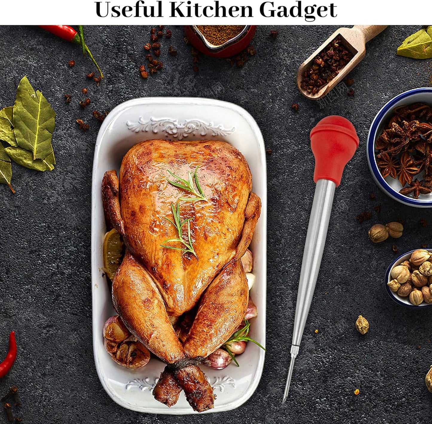 Turkey Baster Syringe for Cooking, Large Stainless Steel Meat Injector, with Cleaning Brush and 2 Marinade Needles, Red