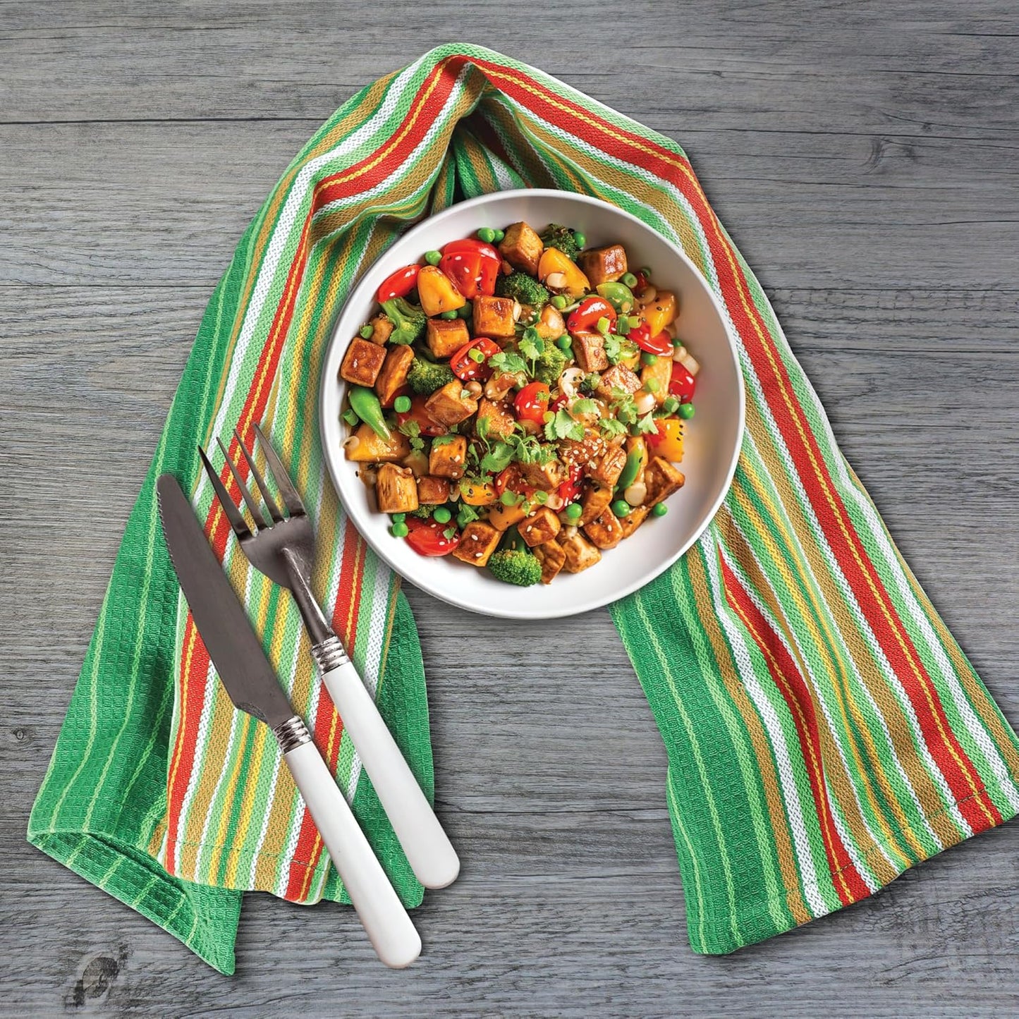 Urban Villa Salsa Stripe KitchenTowels 100% Cotton Dish Towels for Kitchen Multi Color Highly Absorbent Multi-Purpose Waffle Dish Cloths for Cleaning Soft Hand Bar Towels 20x30 Inches (Set of 8)