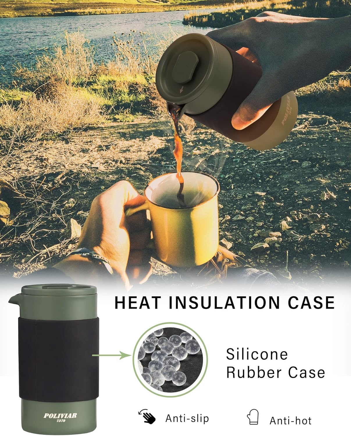 POLIVIAR French Press Coffee Maker, 12 oz Portable French Press with Mini Canister and Collection Bag, Double Wall Insulation & Dual- Filter Screen, Food Grade Stainless Steel for Coffee