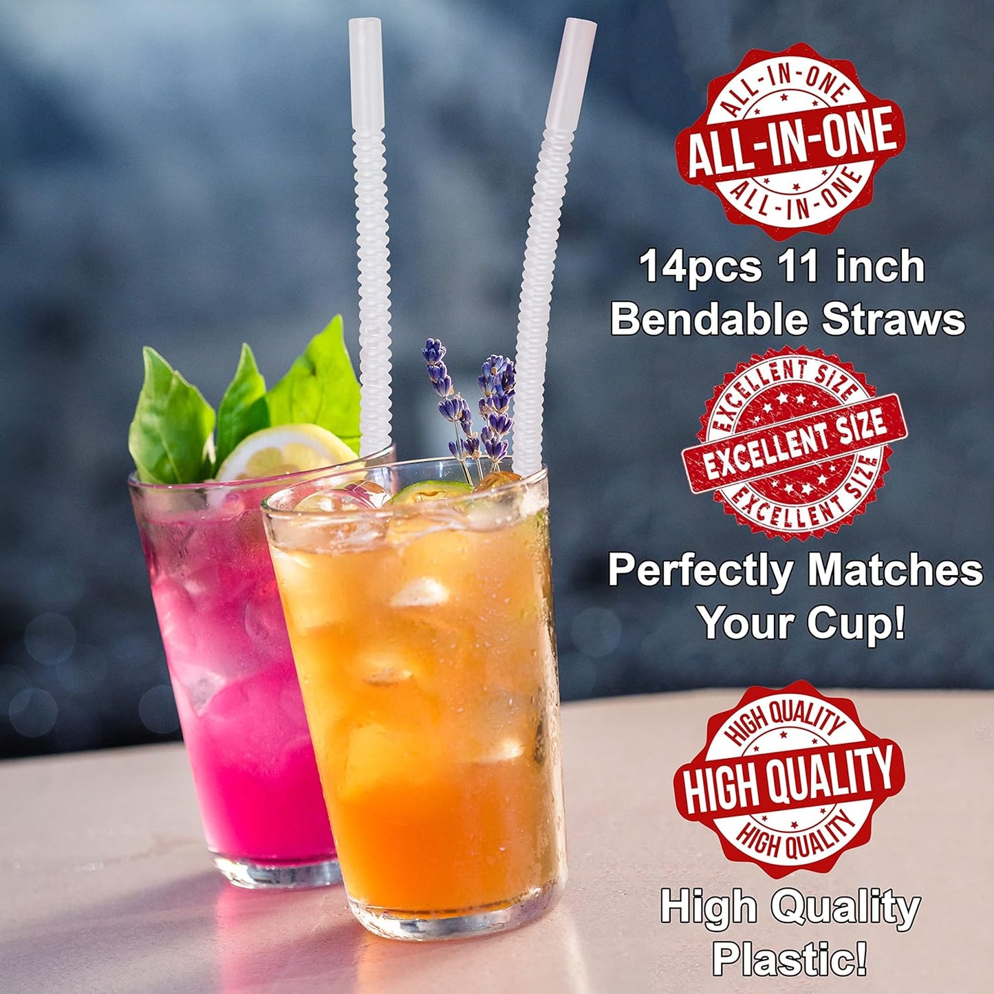 Bendable Straws - 11 inch Long Flexible Straws - Bendy Drinking Straw Reusable - 14 Pack