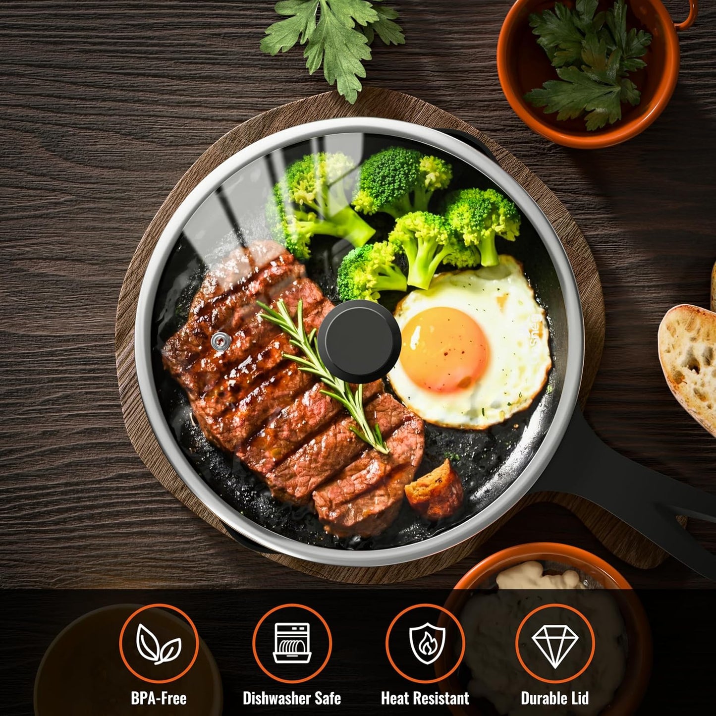 12 Inch Pan Lid For Pots Pans and Skillets, Cast Iron Skillet Lid, Large Tempered Glass Frying Pan Lids/Pot Cover Replacement, Crock Pot Lids with Wide Stainless Steel Rim, Cookware Lids Cover