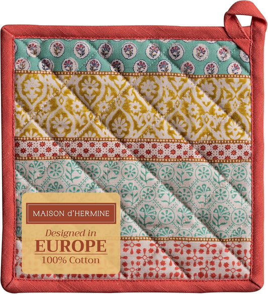 Maison d' Hermine Pot Holders 100% Cotton Heat Resistant Potholders 8" x 8" Hot Pads with Loop BBQ, Cooking, Baking, Grilling, Kitchen, Handling Hot Pans Spring/Summer (Pack of 1, Provence)