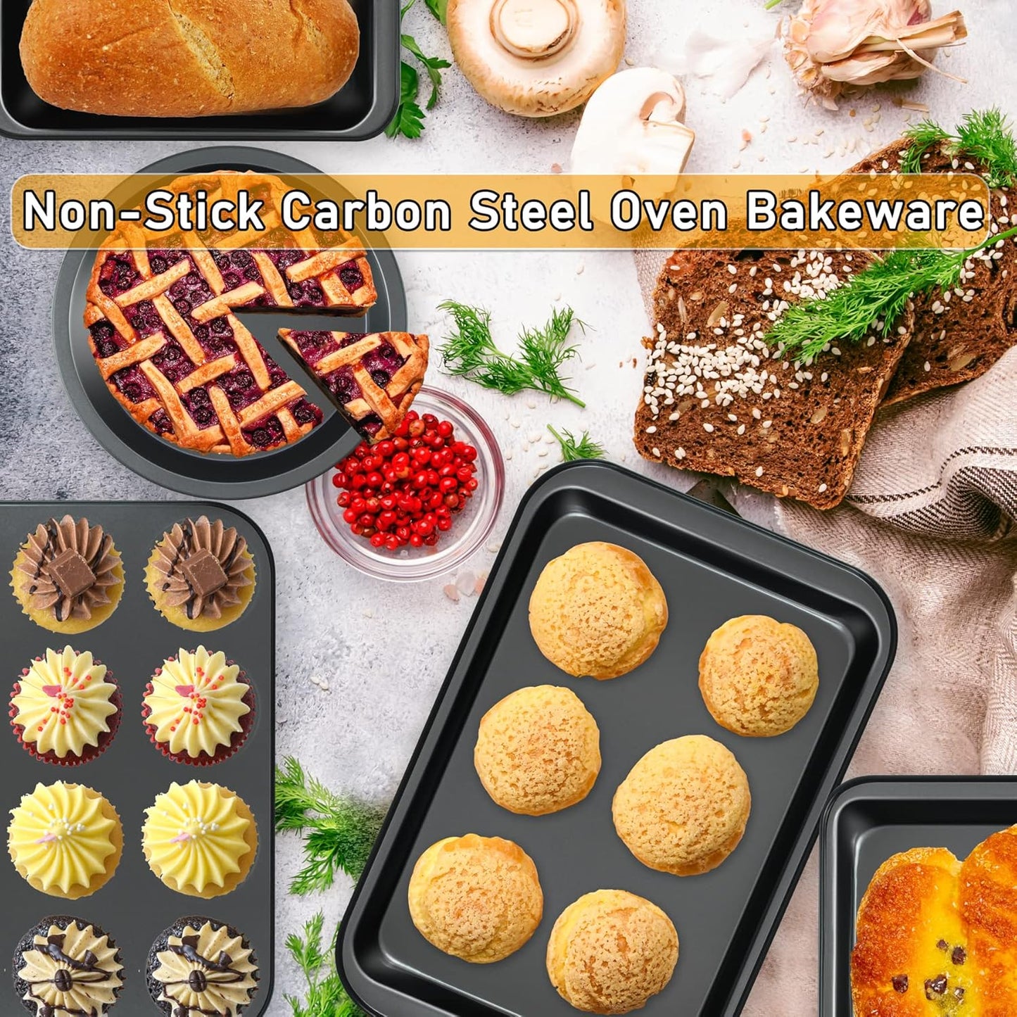 Kitchen 5-Piece Nonstick Bakeware Set - Round/Square Cake Pans, Muffin Pan, Loaf Pan, Roast Pan & Baking Sheets