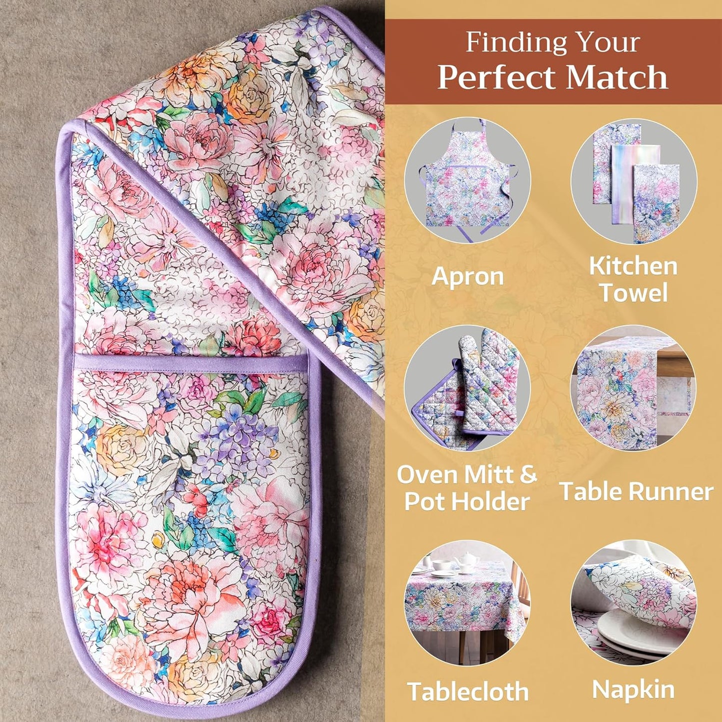 Maison d' Hermine Double Oven Mitts 100% Cotton 7"x35" Double Oven Mitt Heat Resistant BBQ Cooking Gloves with Loop, Baking, Grilling, Home, Kitchen, Handling Hot Pans Spring Summer (Floral Love)