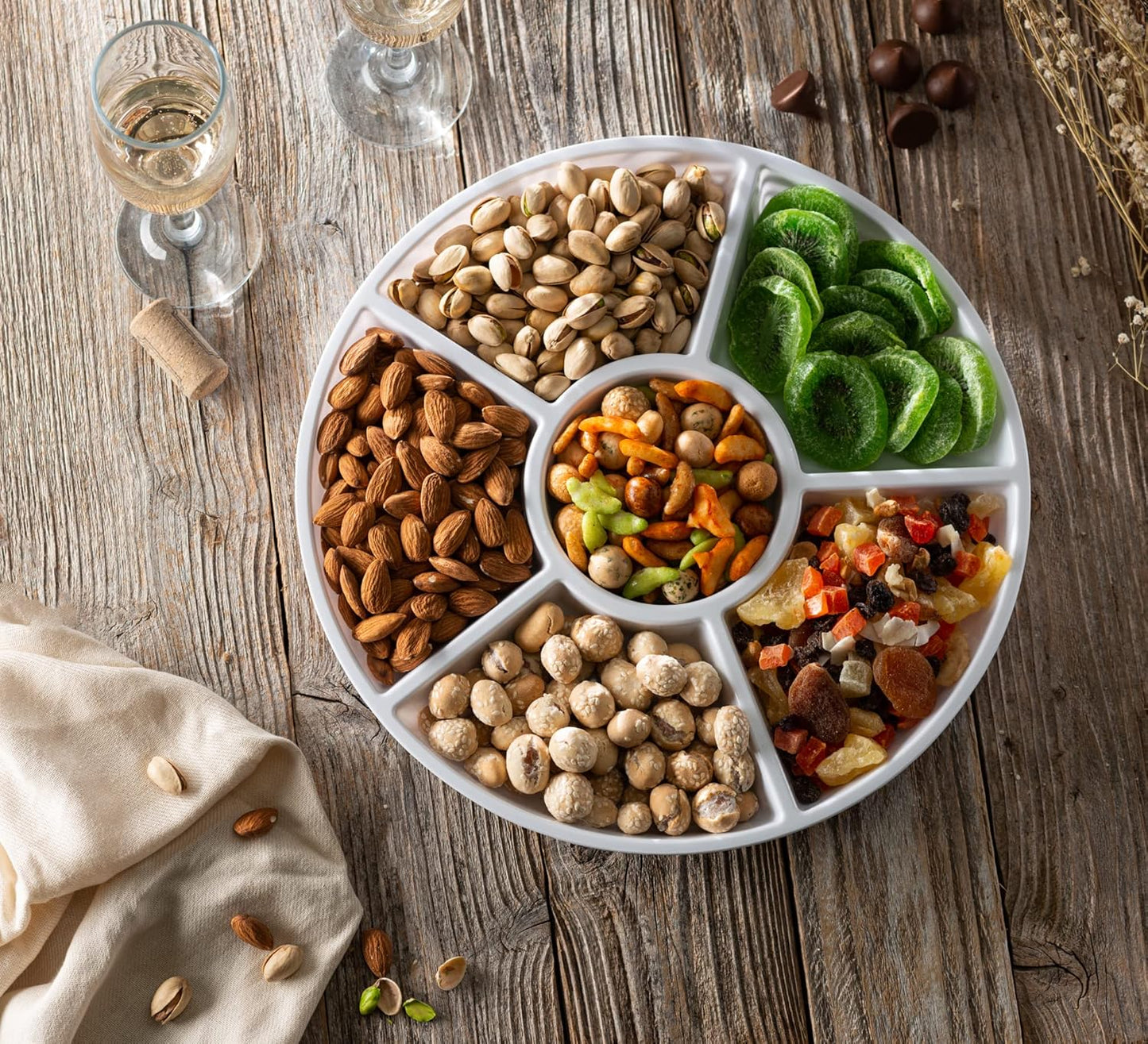 Plasticpro 6 Sectional Round Plastic Serving Tray/Platter (8, White)