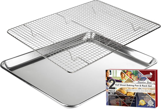 KITCHENATICS Aluminum Baking Pan Half Sheet with Grid: Baking Sheet with Wire Rack, 13 x 18 Baking Trays with Stainless Steel Wire Cooling Rack for Baking, Easy Clean, Commercial Quality, Heavy Duty