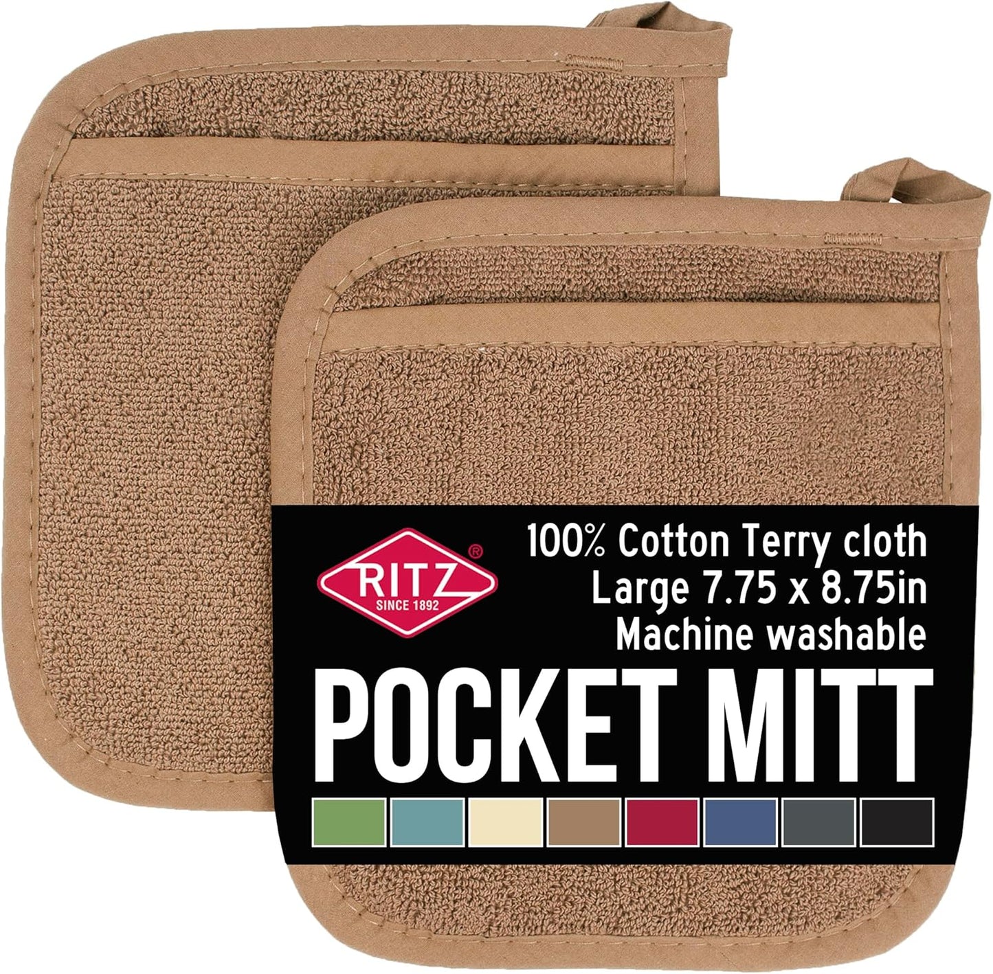 RITZ Terry Pocket Mitt & Hot Pad: Unparalleled Heat Resistant, Durable 100% Cotton,Ergonomically Designed for Optimal Grip, Easy-Care Machine Washable 2-Pack, Mocha